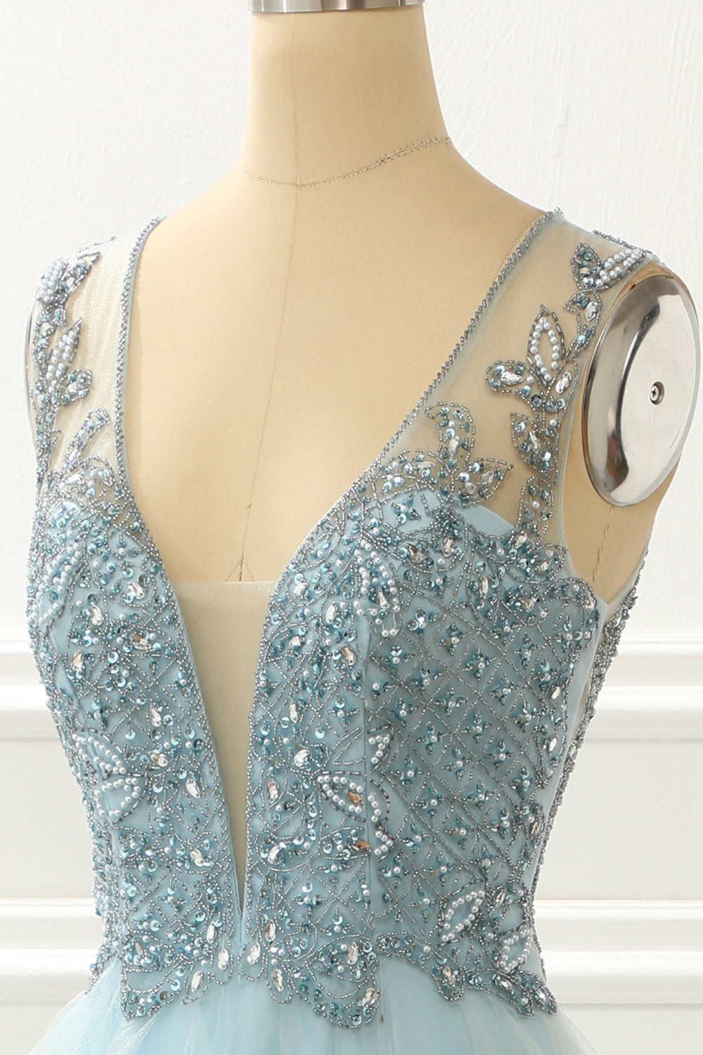 A Line Light Blue Beading Prom Dress with Appliques