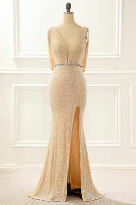 Champagne Sequins Long Prom Dress with Slit