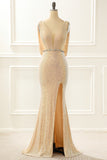 Champagne Sequins Long Prom Dress with Slit