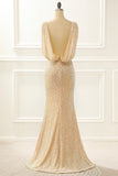 Champagne Sequins Long Prom Dress with Slit