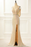 Champagne Sequins Long Prom Dress with Slit