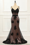 Spaghetti Straps Black Mermaid Prom Dress with Lace