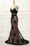 Spaghetti Straps Black Mermaid Prom Dress with Lace