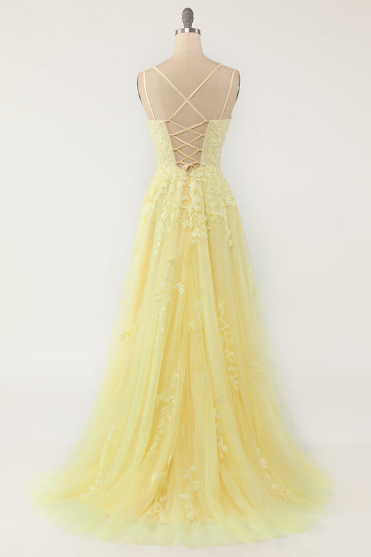 A-Line Yellow Tulle Appliqued Spaghetti Straps Prom Dress