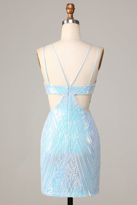 Bodycon Spaghetti Straps Blue Sequins Short Homecoming Dress