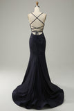 Navy Spaghetti Straps Beaded Mermaid Prom Dress with Split