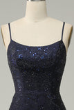 Navy Spaghetti Straps Beaded Mermaid Prom Dress with Split