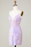 Glitter Tight Spaghetti Straps Purple Corset Homecoming Dress with Criss Cross Back